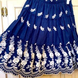 Blue Floral Embroidered Flare Skirt • Boho / Festival / Ruffle Midi